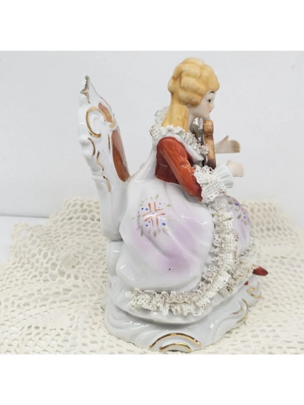 Vintage Nanco Hand-Painted Porcelain Figurine Lady Playing Harp Dresden Style 7